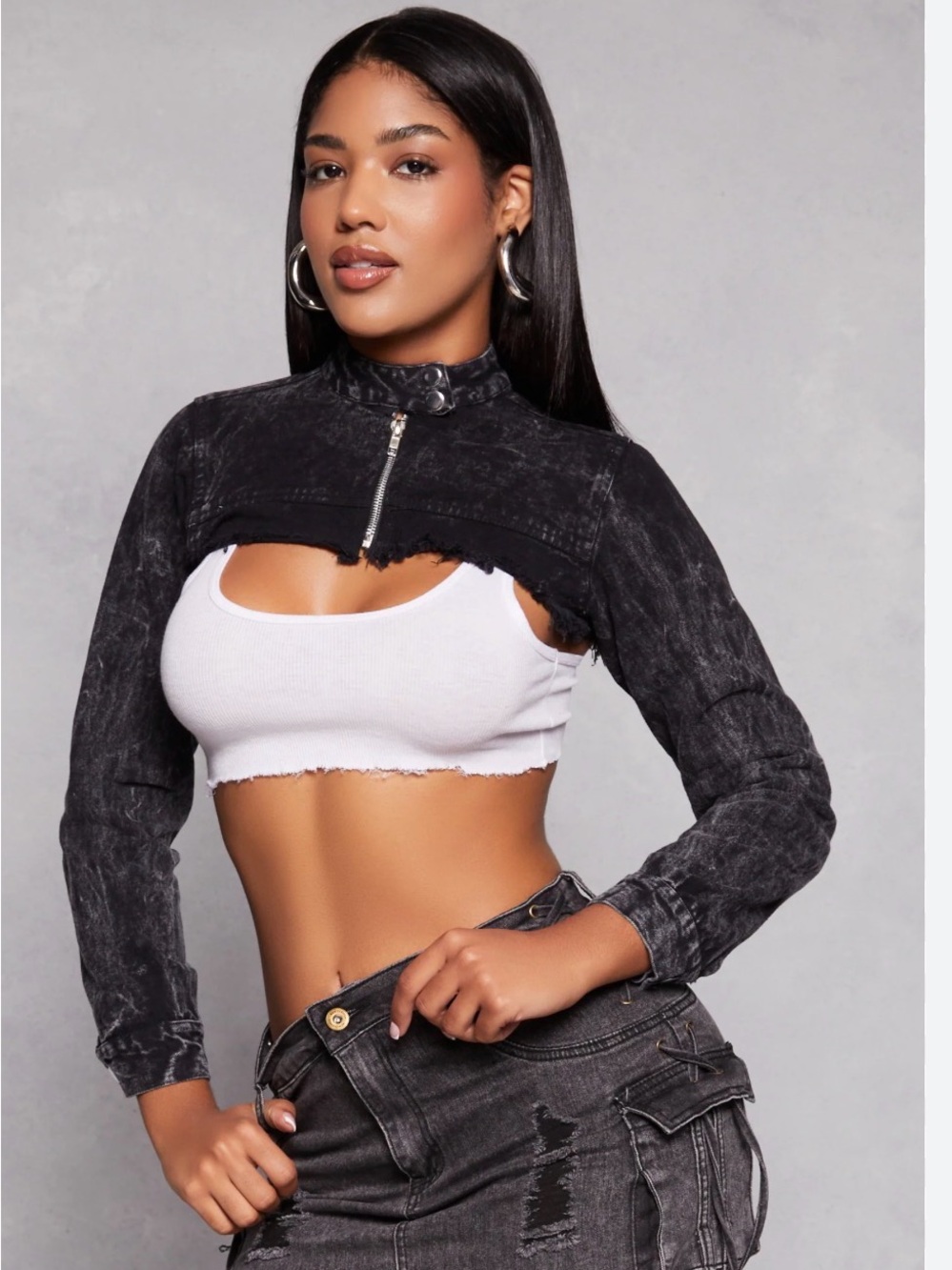 Thrill Jeans L Black Acid Wash Cropped Denim Shrug Zip Moto Bolero Jacket